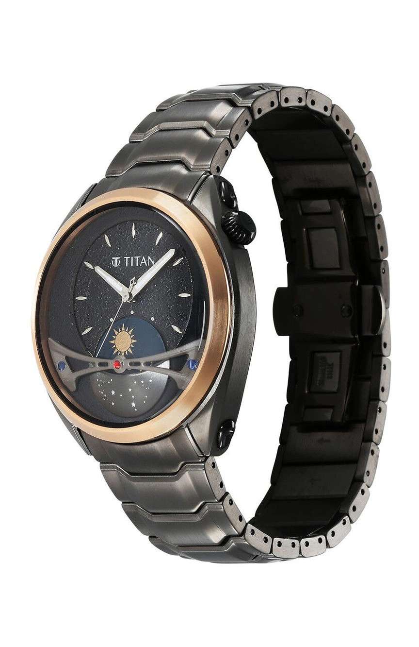 Titan Stellar Quartz Multifunction Black Dial Stainless Steel Strap Watch for Men
