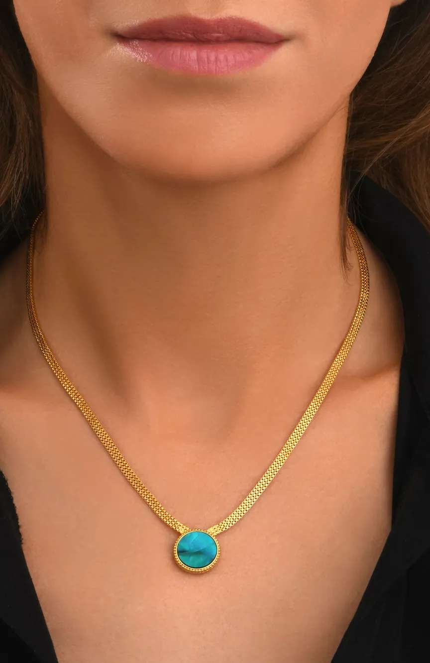 Satellite Ashanti Necklace In Flat Chain And Round Mother-Of-Pearl -Green Turquoise