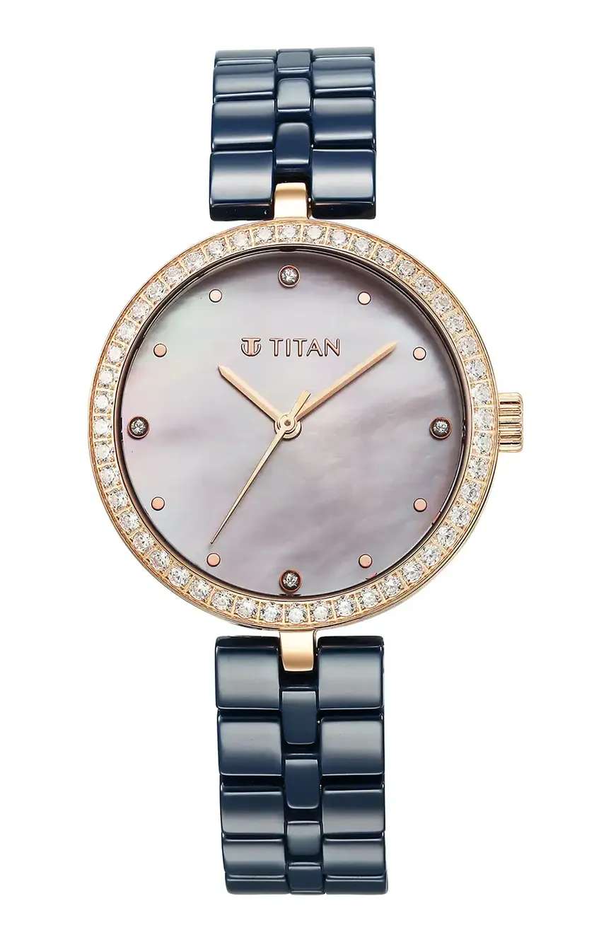 Titan Purple Ceramics Quartz Analog Mother of Pearl Dial Blue Ceramic Strap Watch For Women