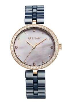 Titan Purple Ceramics Quartz Analog Mother of Pearl Dial Blue Ceramic Strap Watch For Women
