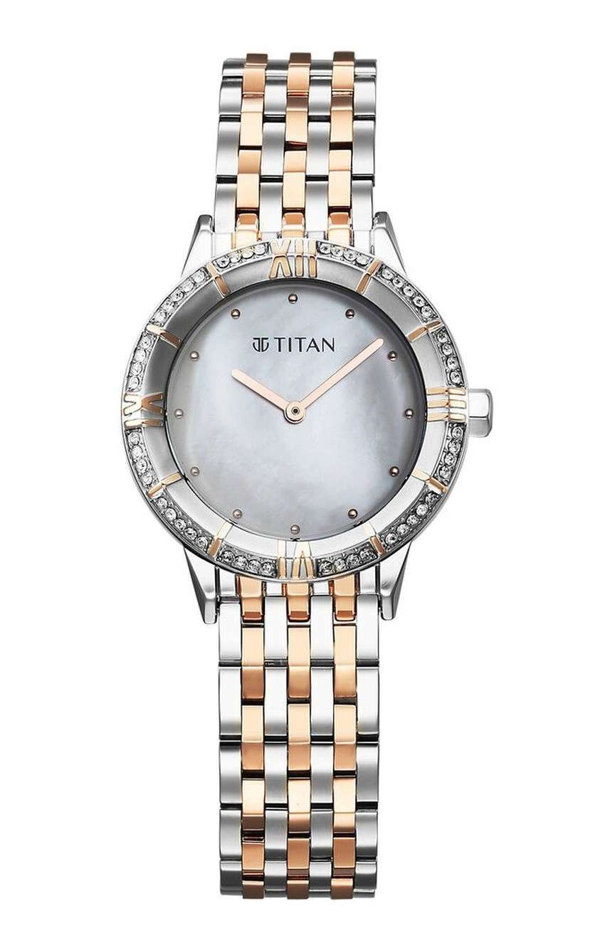 تيتان ساعة تيتان جلامور كوارتز بميناء لؤلؤي وسوار ستانلس إستيل بلونين للنساء