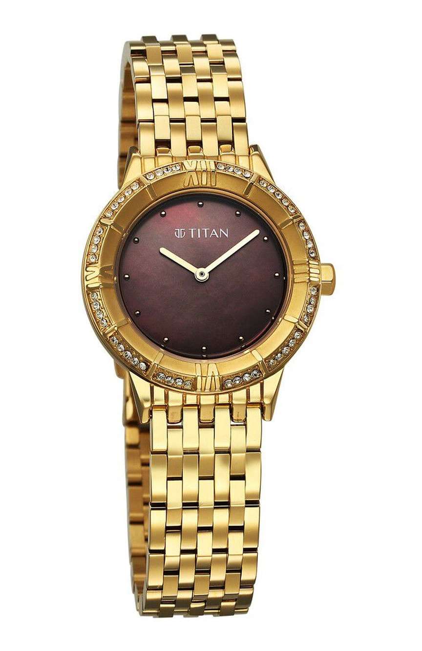 Titan Glamour Quartz Analog Brown Dial Golden Stainless Steel Strap Watch For Women