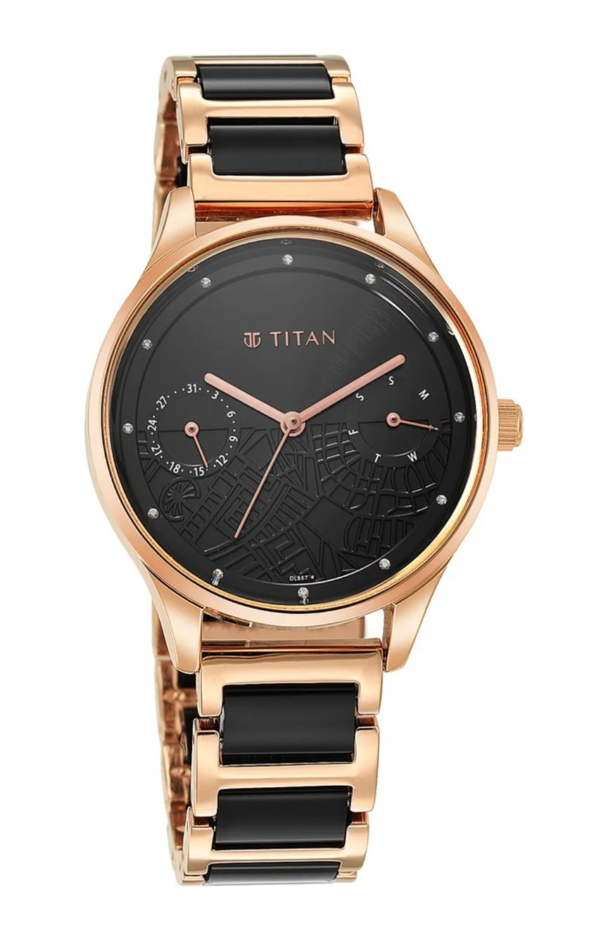 

Titan | Titan Purple Acetate Black Dial Analog with Day and Date Metal and Acetate Strap Watch for Women