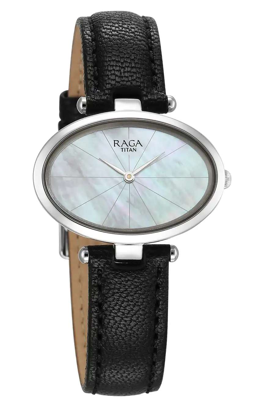 Titan Raga Silver Quartz Analog Mother Of Pearl Dial Sterling Silver Case With Black Color Leather Strap Watch For Women