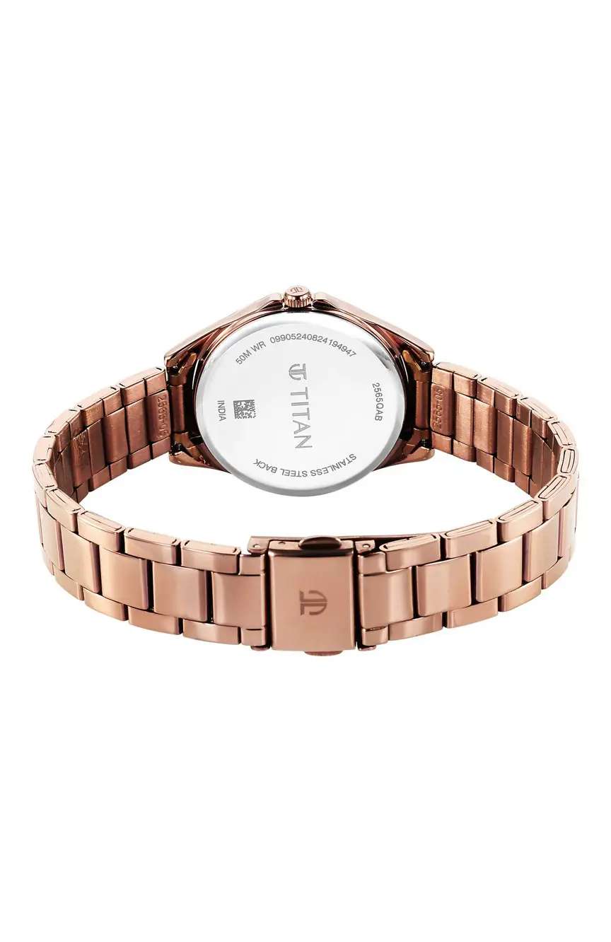 Titan Midnight Radiance Salmon Round Dial Brown Metal Strap Analog Watch for Women