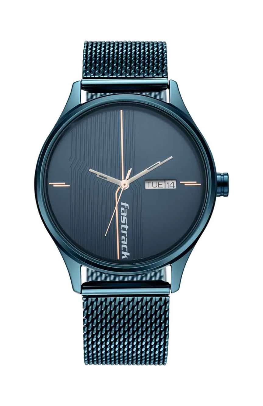 Titan Fastrack Style Up Quartz Analog with Day and Date Blue Dial Stainless Steel Strap Watch for Guys