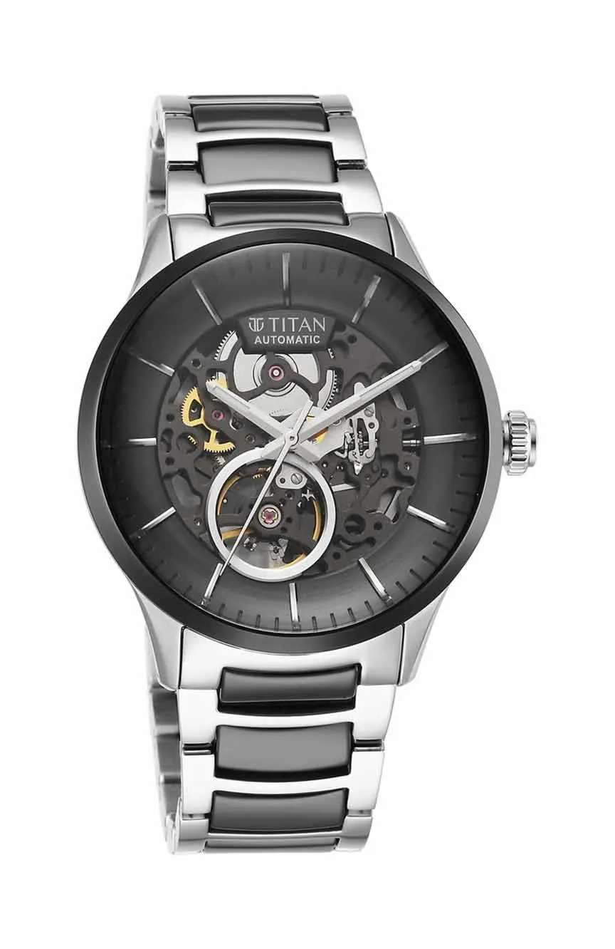 Titan Ceramic Fusion Automatic Black Dial Silver Dual-Toned Stainless Steel Bracelet Watch for Men