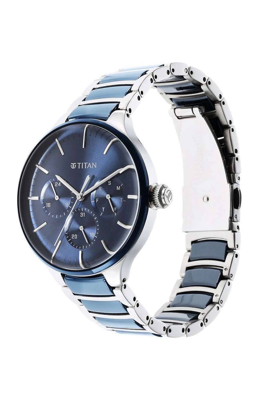 Titan Ceramic Fusion Quartz Multifunction Blue Dial Silver Dual-Toned Stainless Steel Bracelet Watch for Men