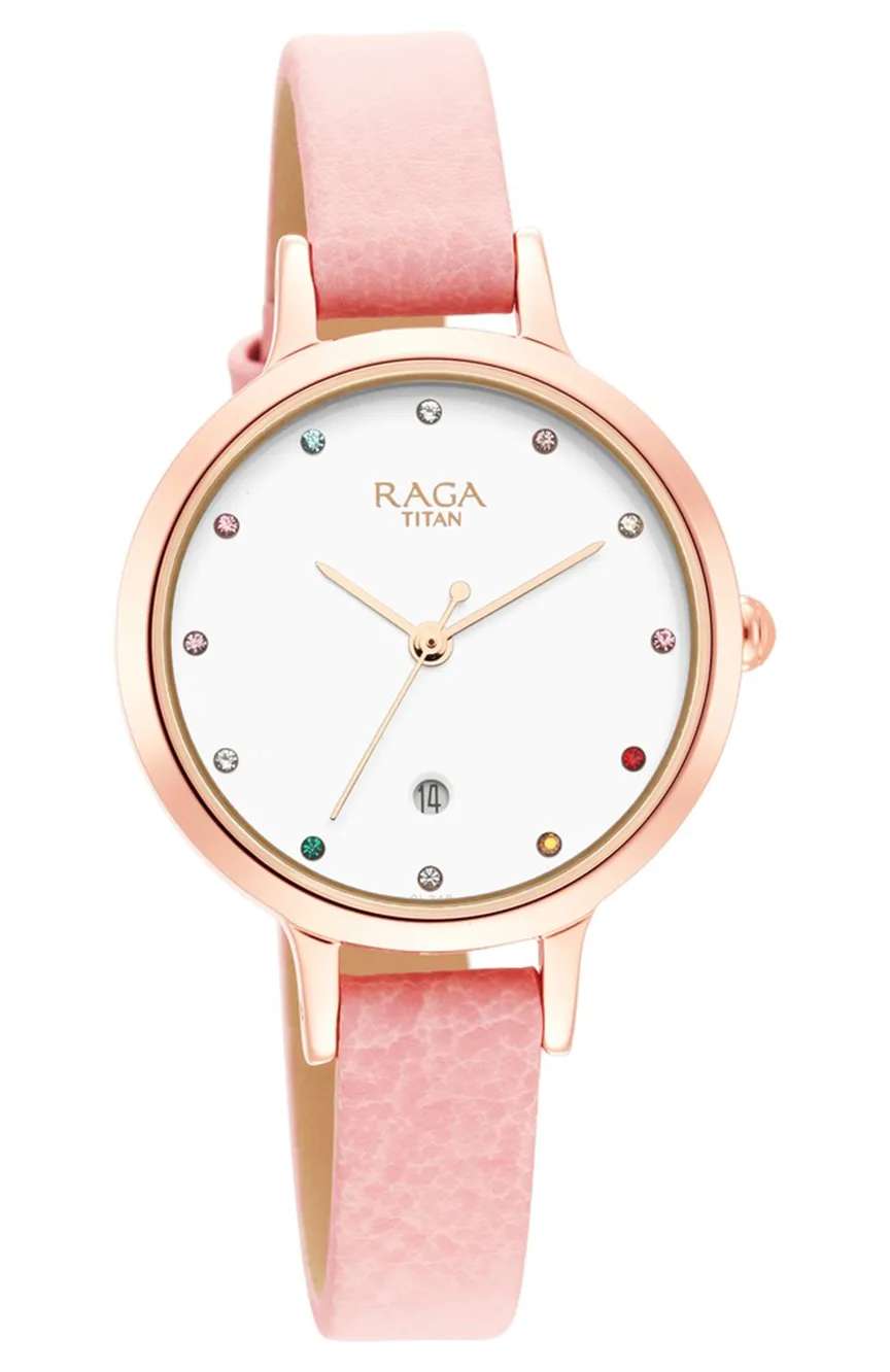 Titan Raga Viva Quartz Analog with Date White Dial Leather Strap Watch for Women