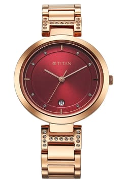 Titan Midnight Radiance Red Round Dial Gold Metal Strap Analog Watch for Women