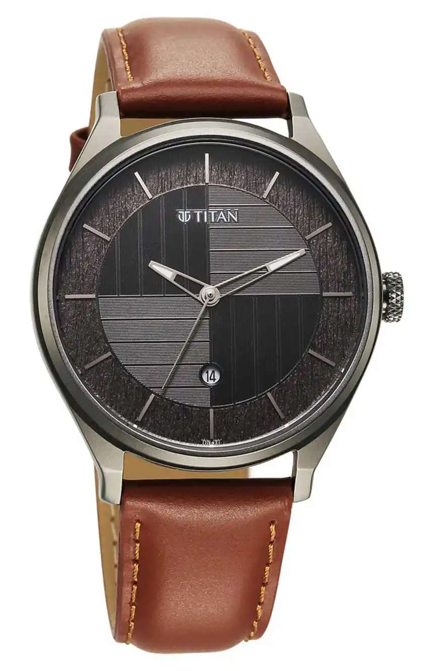 Titan Neo Economy Quartz Analog with Date Grey Dial Brown Leather Strap Watch For Men