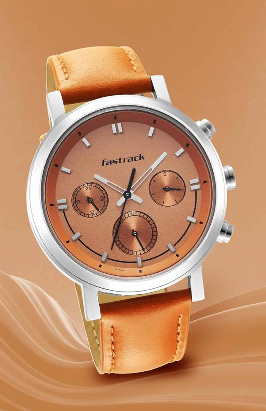 

Titan | Fastrack Tick Tock Quartz Multifunction Orange Dial Leather Strap Watch for Guys