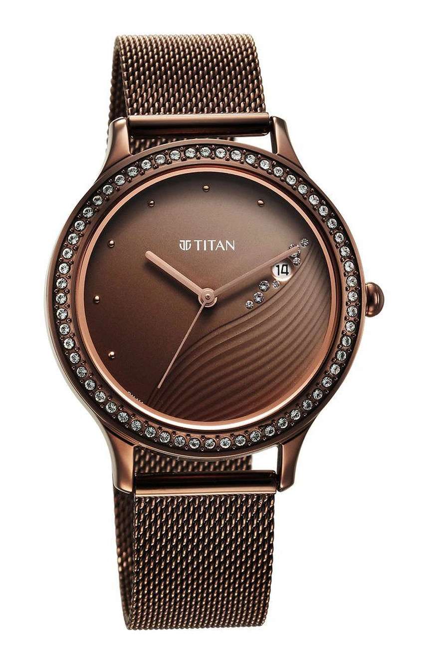 Titan Purple Glam It Up Brown Dial Analog with Date Stainless Steel Strap Watch for Women