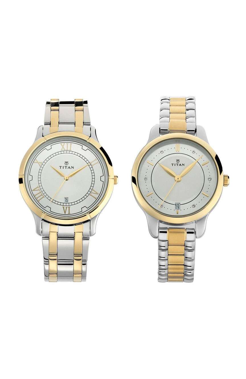 Titan Bandhan Quartz Analog with Date Silver Round Dial Two Toned Stainless Steel Strap Watch For Couple