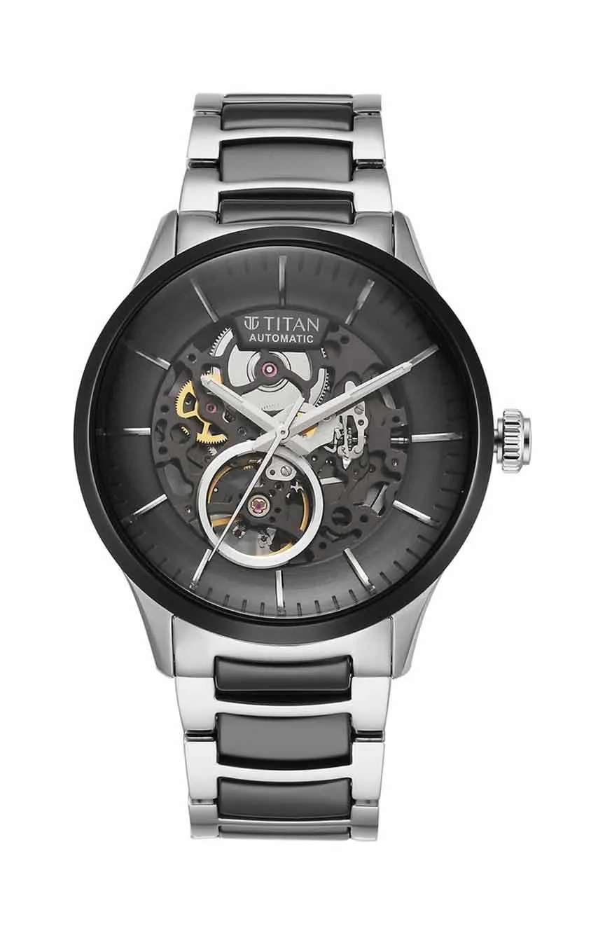 Titan Ceramic Fusion Automatic Black Dial Silver Dual-Toned Stainless Steel Bracelet Watch for Men