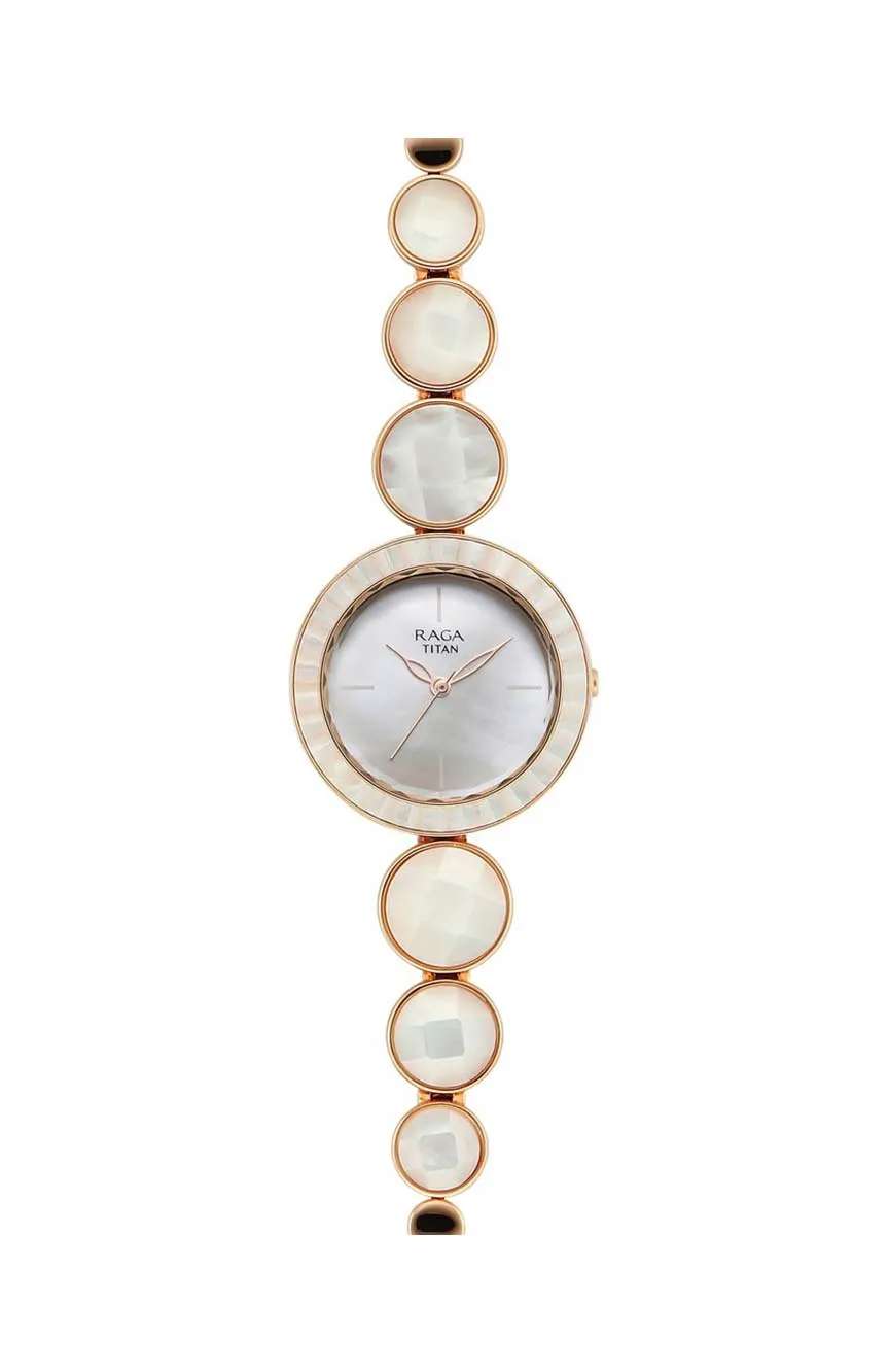 Titan Raga Power Pearls Quartz Analog Mother Of Pearl Dial faceted MOP Strap Watch for Women