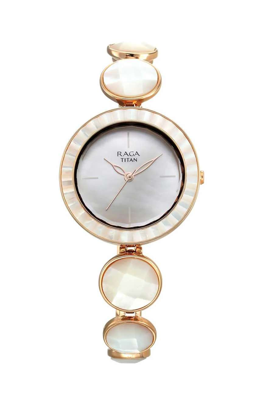 Titan Raga Power Pearls Quartz Analog Mother Of Pearl Dial faceted MOP Strap Watch for Women