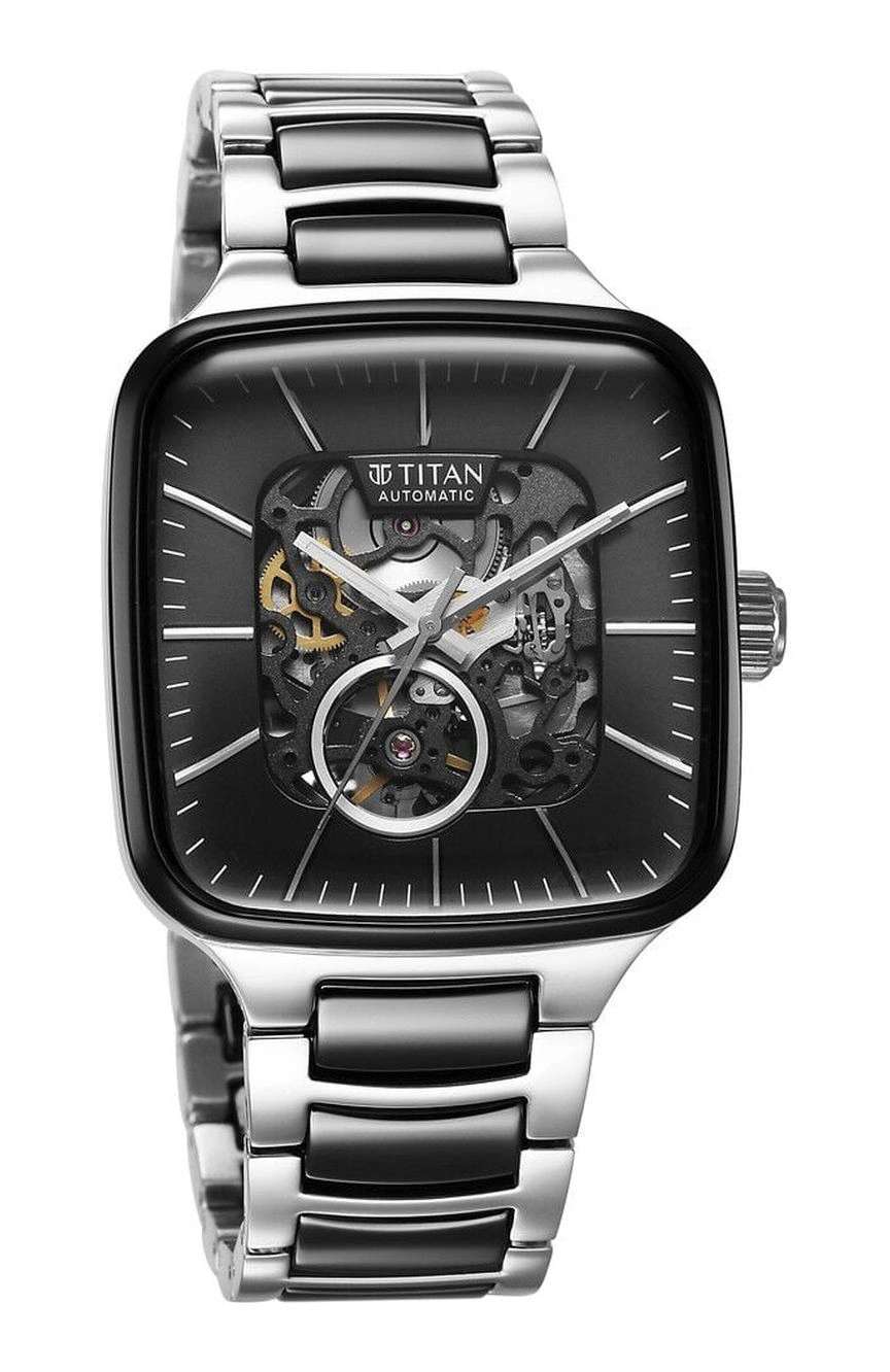 Titan Ceramic Fusion Automatic Square Black Dial Silver Dual-Toned Stainless Steel Bracelet Watch for Men