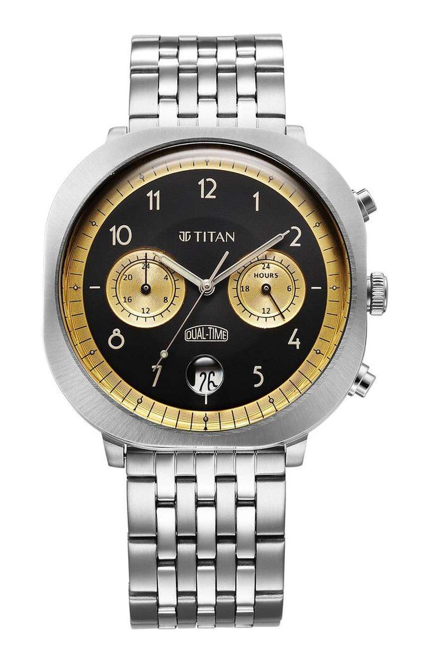 Titan Timeless Treasures Quartz Analog Dual Time Black Dial With Silver Color Stainless Steel Strap Watch For Men