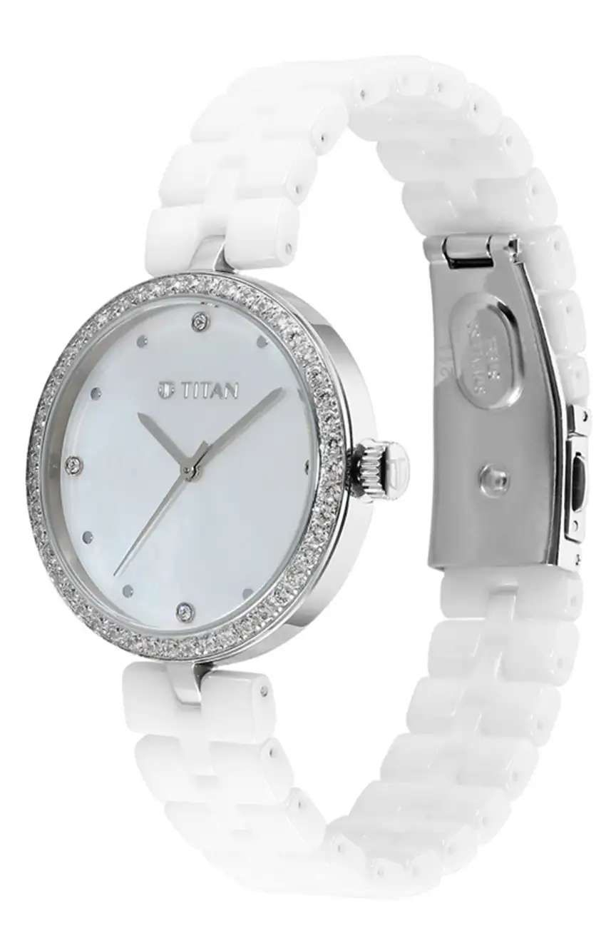Titan Purple Ceramics Quartz Analog Mother of Pearl Dial White Ceramic Strap Watch For Women