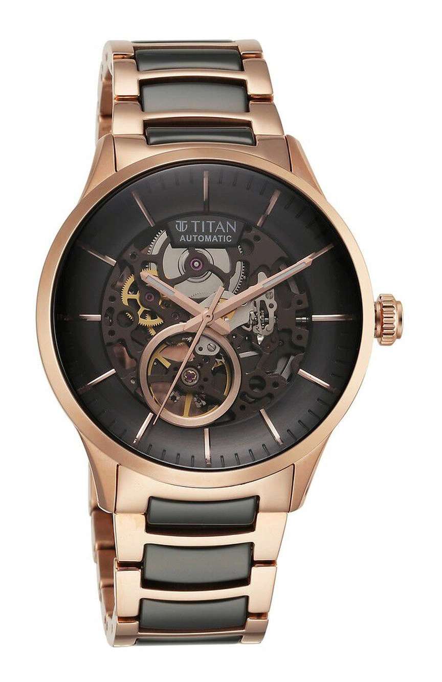Titan Ceramic Fusion Automatic Black Dial Rose Gold Dual-Toned Stainless Steel Bracelet Watch for Men