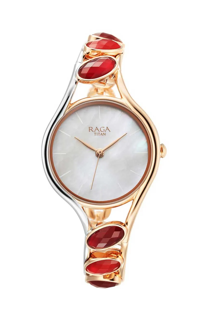 

Titan | Titan Raga New You Quartz Analog Mother Of Pearl Dial Garnet stone bi-metal Strap Watch for Women