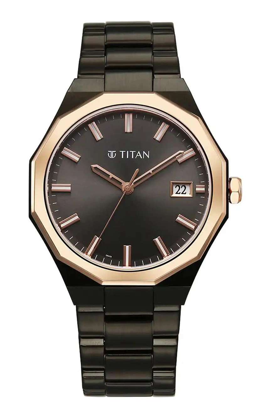 Titan Regalia Dodecagon Quartz Analog with Date Grey Dial Black Stainless Steel Strap Watch For Men