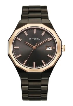Titan Regalia Dodecagon Quartz Analog with Date Grey Dial Black Stainless Steel Strap Watch For Men