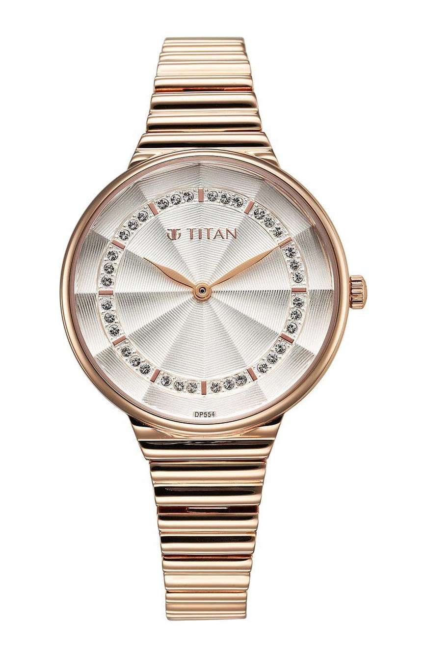 Titan Aura Quartz Analog Silver Dial Rose Gold Stainless Steel Strap Watch For Women