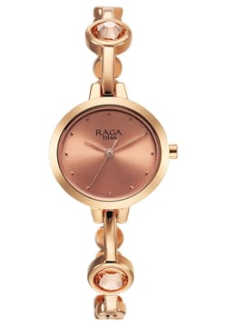 Titan ساعة تيتان راجا فيفا كوارتز بميناء ذهبي وردي وسوار معدني للنساء