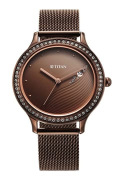 Titan Purple Glam It Up Brown Dial Analog with Date Stainless Steel Strap Watch for Women
