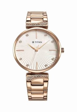 Titan ساعة تيتان بيربل ستايل أب كوارتز بميناء لؤلؤي وسوار ستانلس إستيل للنساء