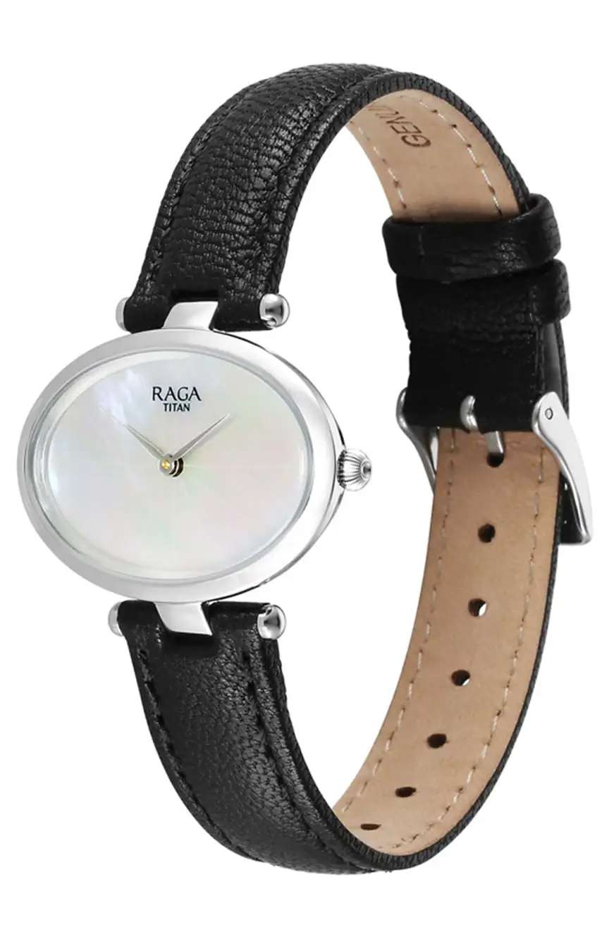 Titan Raga Silver Quartz Analog Mother Of Pearl Dial Sterling Silver Case With Black Color Leather Strap Watch For Women