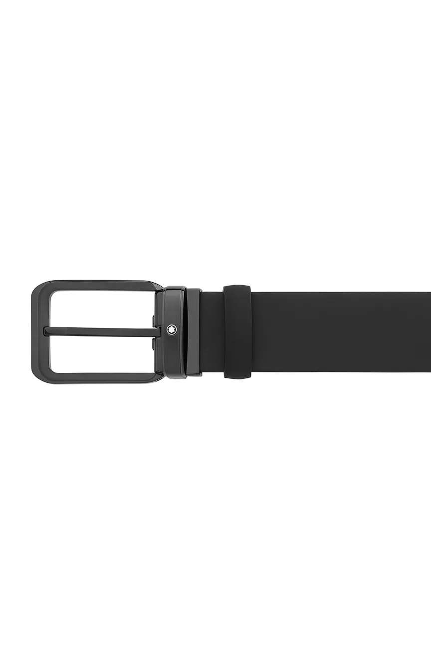 Montblanc Rectangular Rounded Shiny Stainless Steel Pin Buckle Black 35 MM Reversible Leather Belt