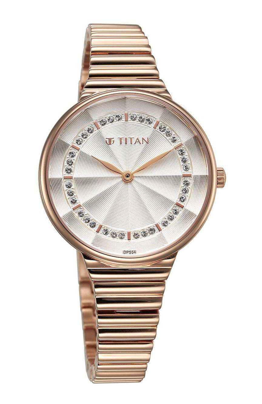 Titan Aura Quartz Analog Silver Dial Rose Gold Stainless Steel Strap Watch For Women