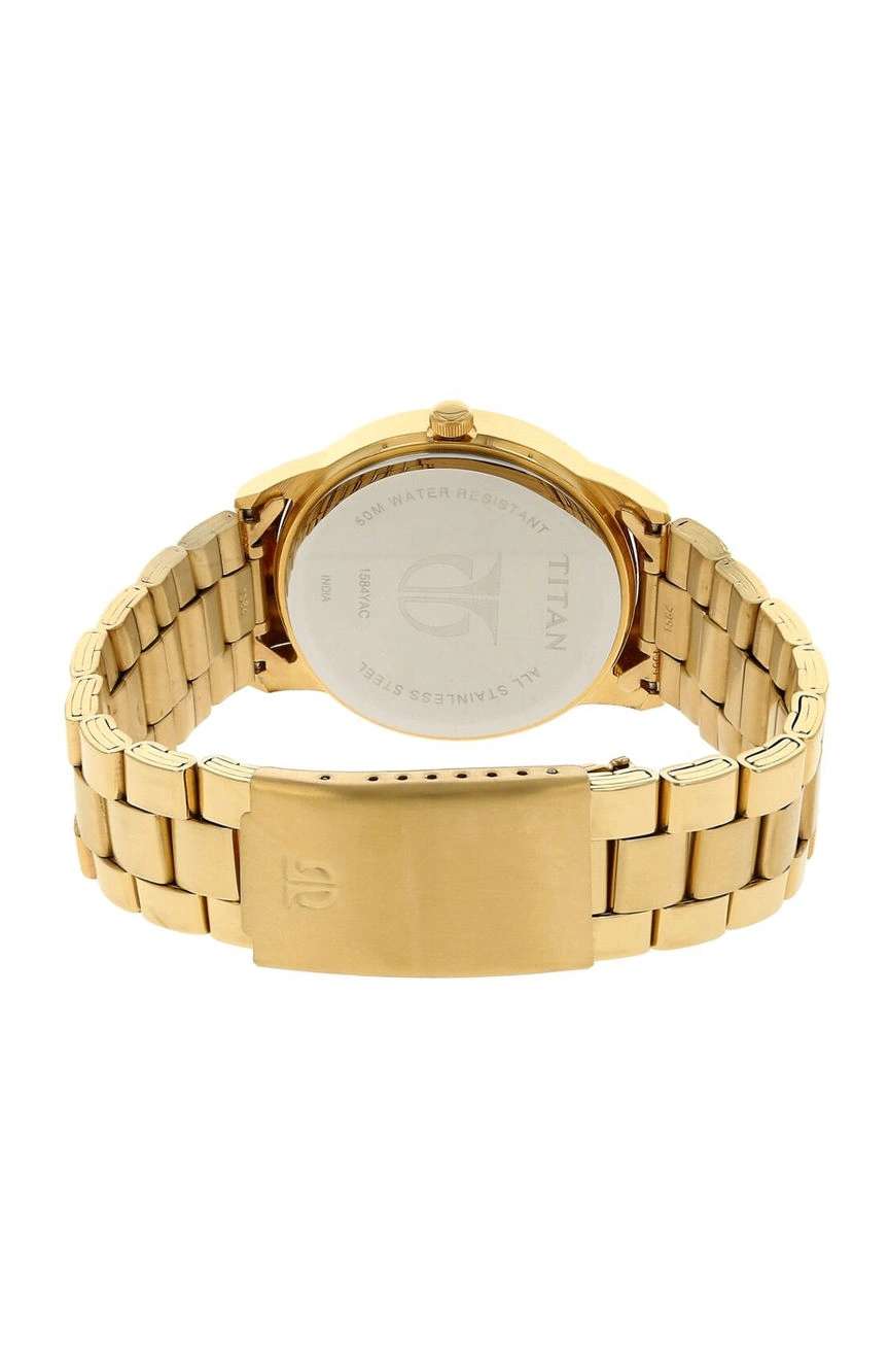 Titan Quartz Analog with Day and Date Silver Round Dial Golden Stainless Steel Strap Watch For Men