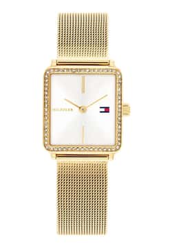 Tommy Hilfiger ساعة تي بميناء مستطيل مقاس 21.1 مم وسوار ستانلس إستيل للنساء