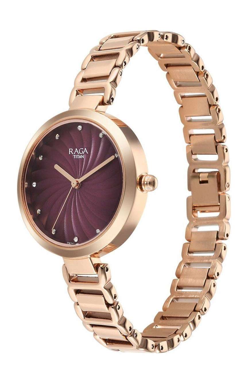 Titan Raga Memoirs Quartz Analog Burgundy Dial With Rose Gold Color Metal Strap Watch For Women
