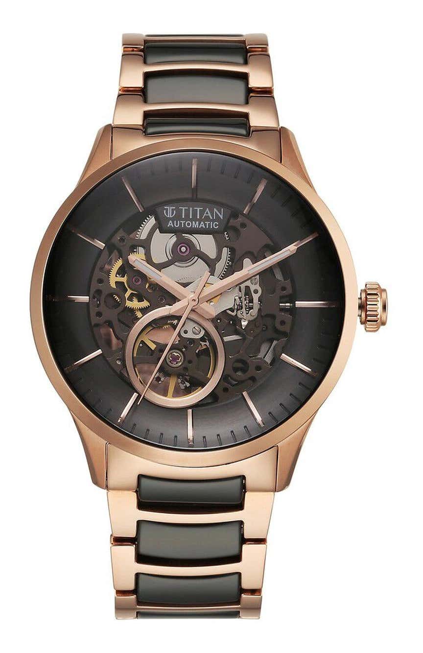 Titan Ceramic Fusion Automatic Black Dial Rose Gold Dual-Toned Stainless Steel Bracelet Watch for Men
