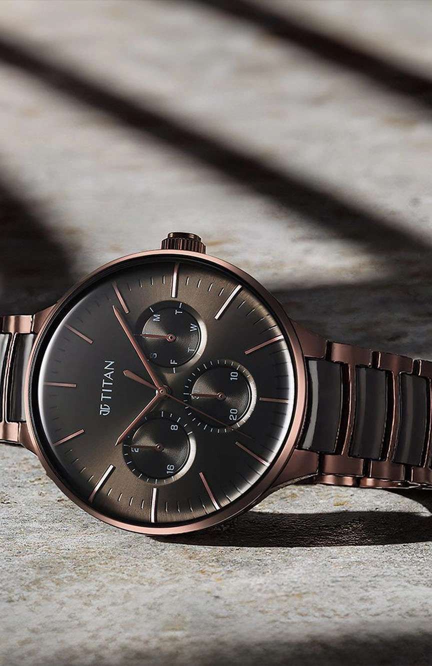 Titan Ceramic Fusion Multifunction Black Dial With Two Toned Color Stainless Steel Strap Watch For Men