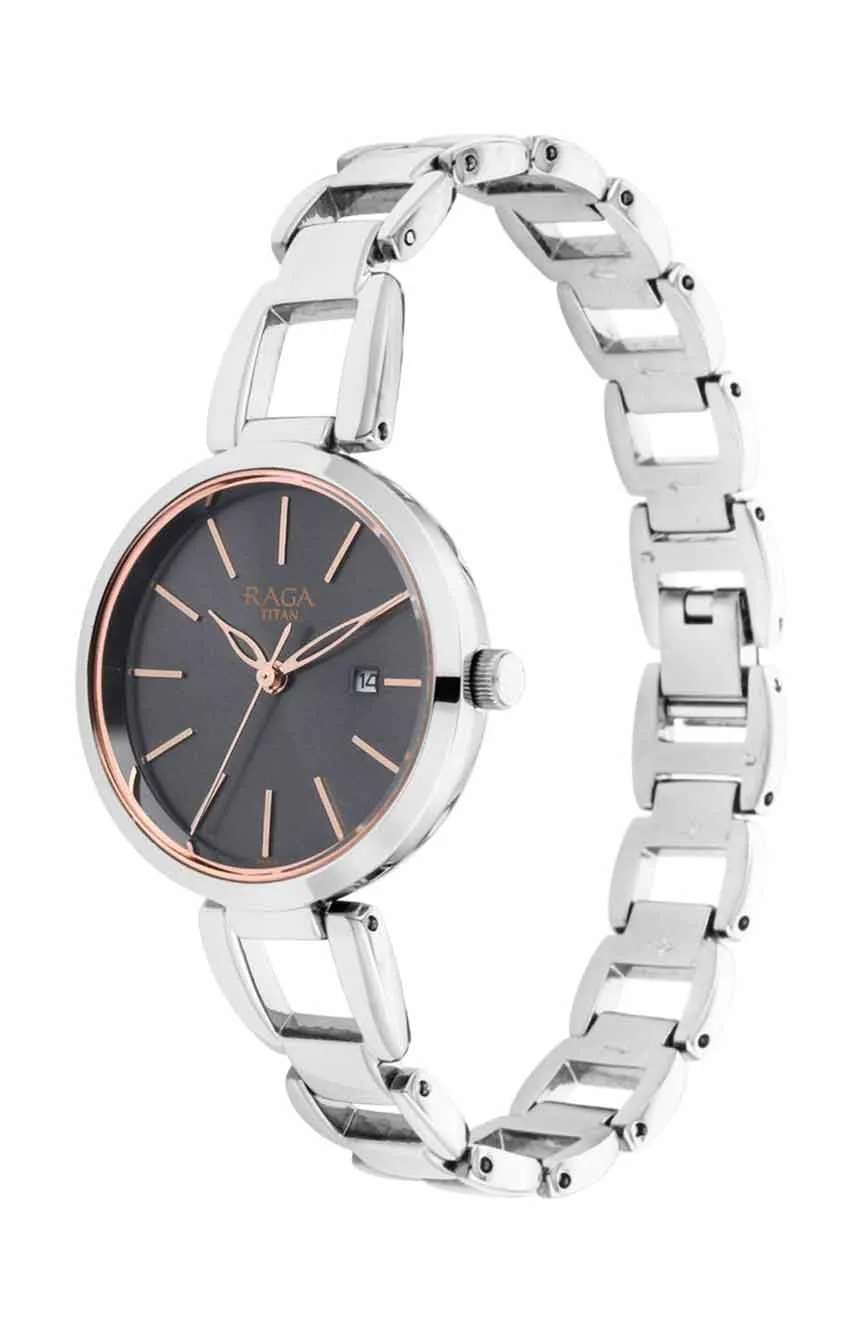 Titan Raga Viva Grey Dial Analog with Date Silver Metal Strap Watch for Women