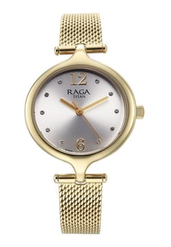 Titan Raga Showstopper Quartz Analog Silver Dial Golden Metal Strap Watch For Women