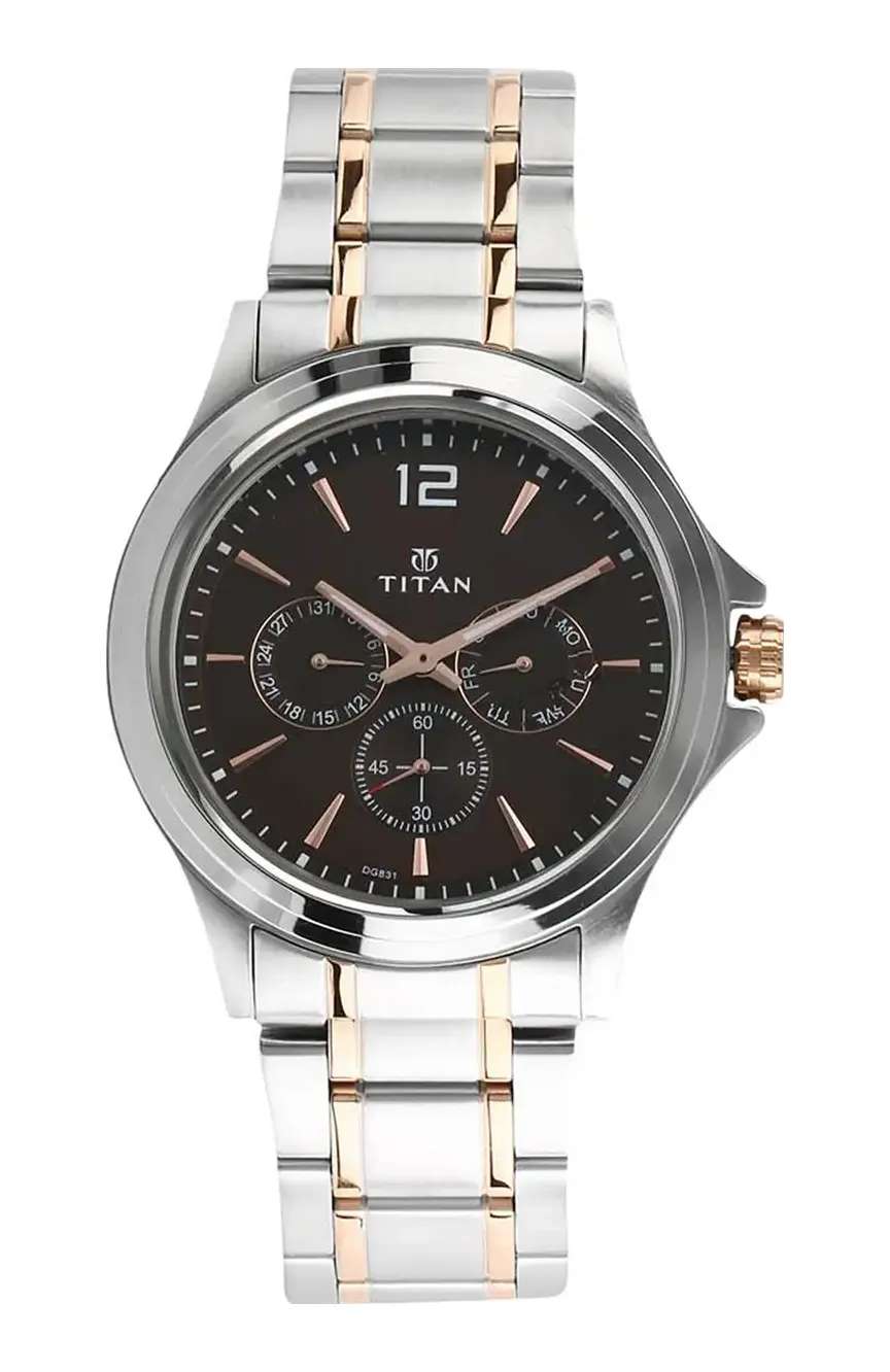 Titan Workwear Quartz Multifunction Brown Dial Stainless Steel Strap watch for Men