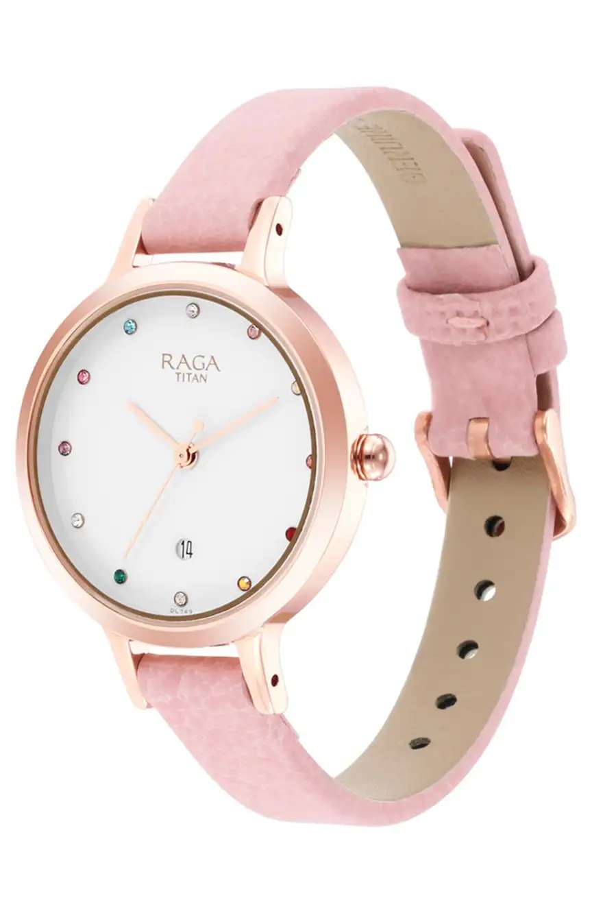 Titan Raga Viva Quartz Analog with Date White Dial Leather Strap Watch for Women