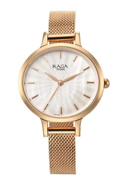 Titan Raga Power Pearls Quartz Analog Mother of Pearl Dial Rose Gold Metal Strap Watch For Women