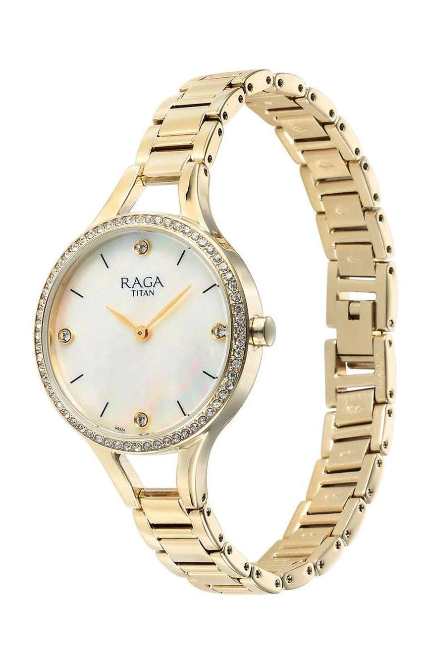 Titan Raga Showstopper Quartz Analog Mother Of Pearl Round Dial Golden Metal Strap Watch For Women