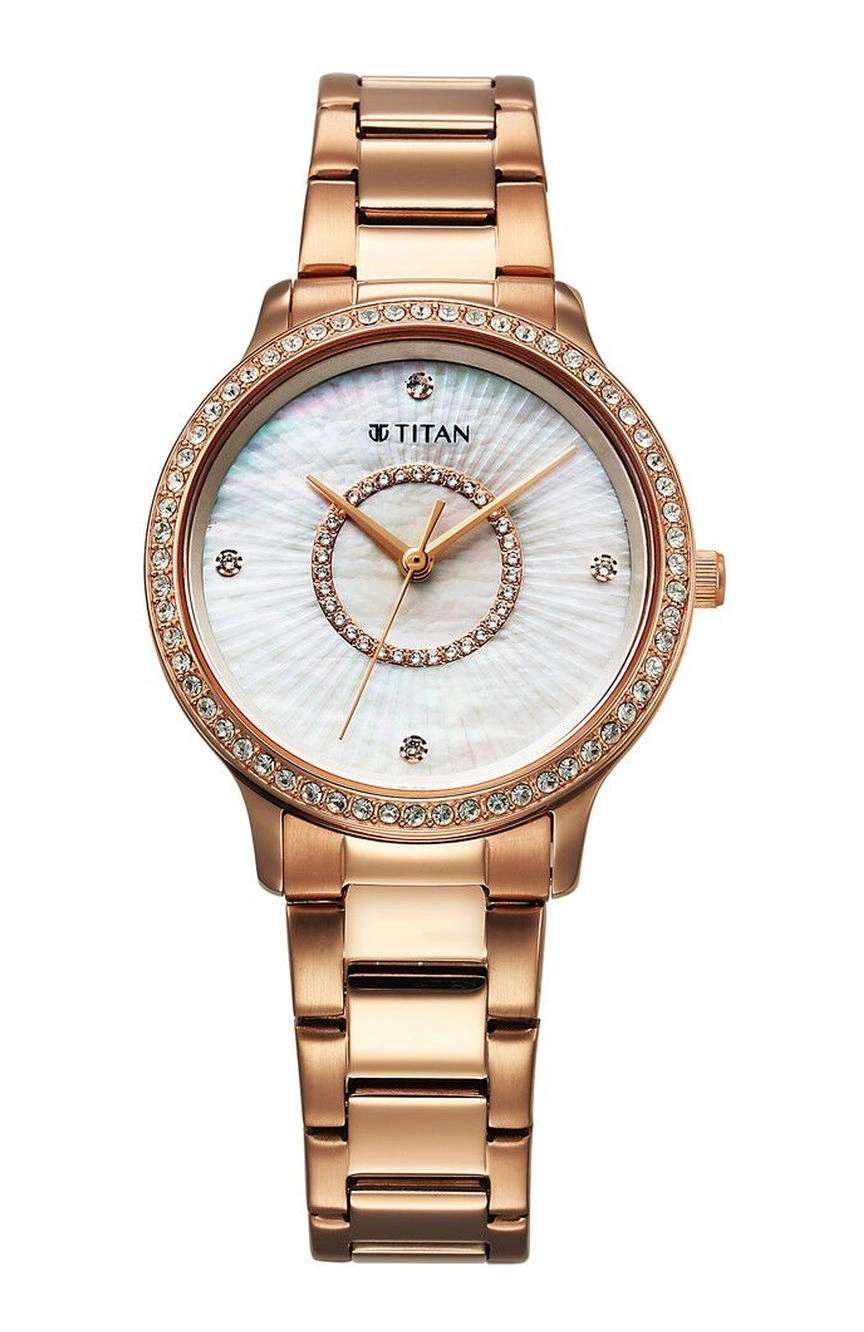 Titan Glamour Quartz Analog Mother Of Pearl Dial Rose Gold Stainless Steel Strap Watch For Women