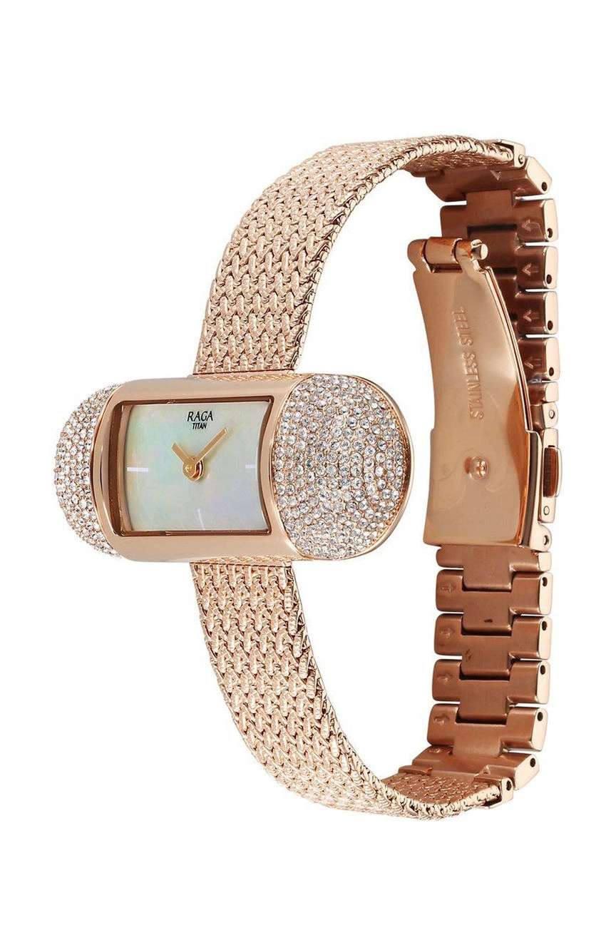 Titan Raga Memoirs Quartz Analog Mother Of Pearl Dial Watch For Women With Rose Gold Metal Strap