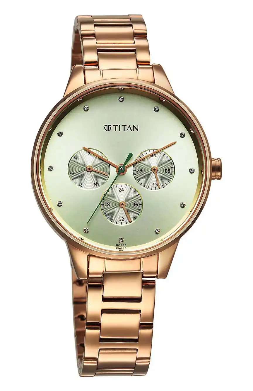 Titan Razzle Dazzle Quartz Analog with Day and Date Green Dial Rose Gold Stainless Steel Strap Watch For Women
