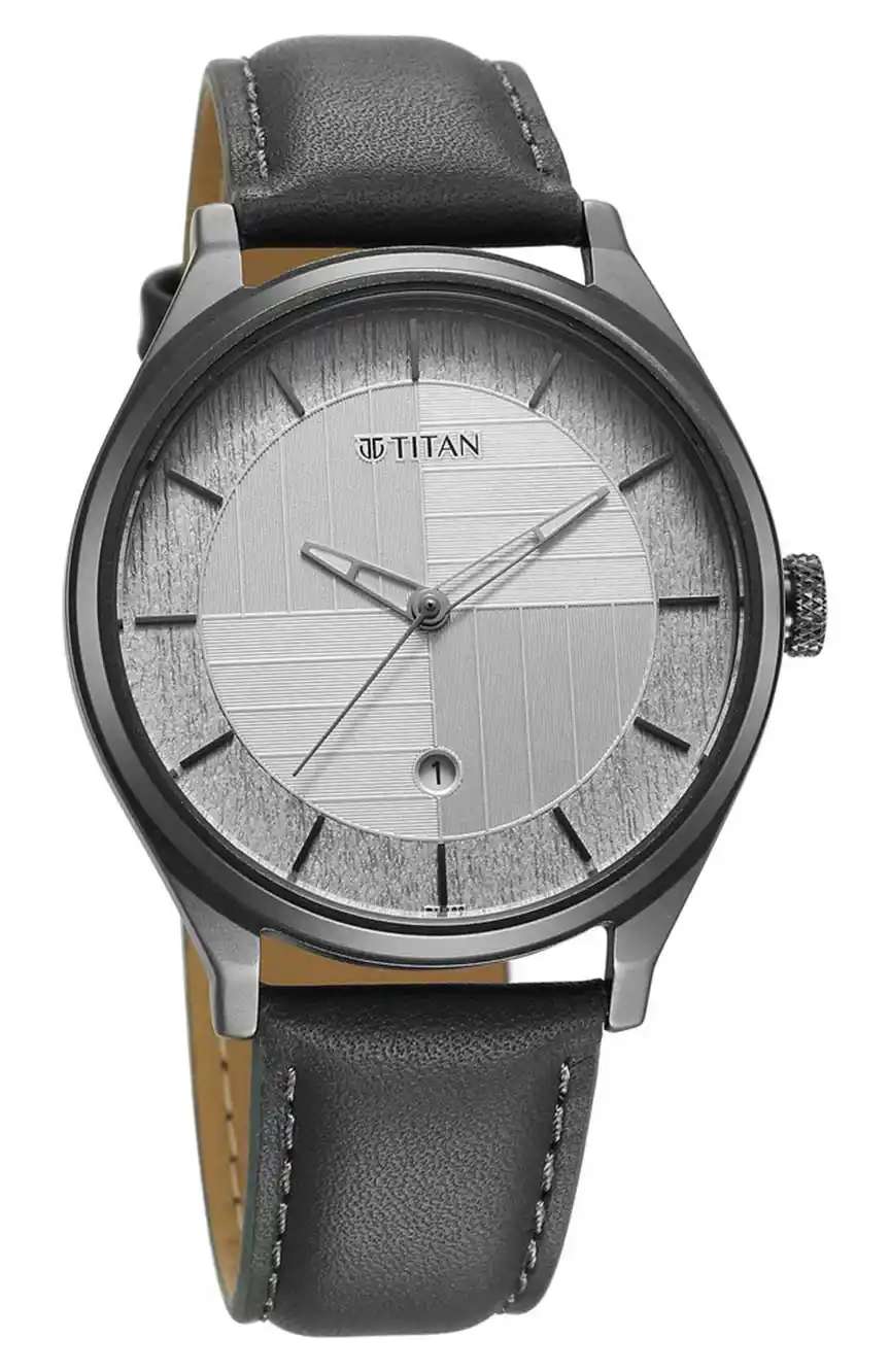 Titan Neo Economy Quartz Analog with Date Silver Dial Grey Leather Strap Watch For Men